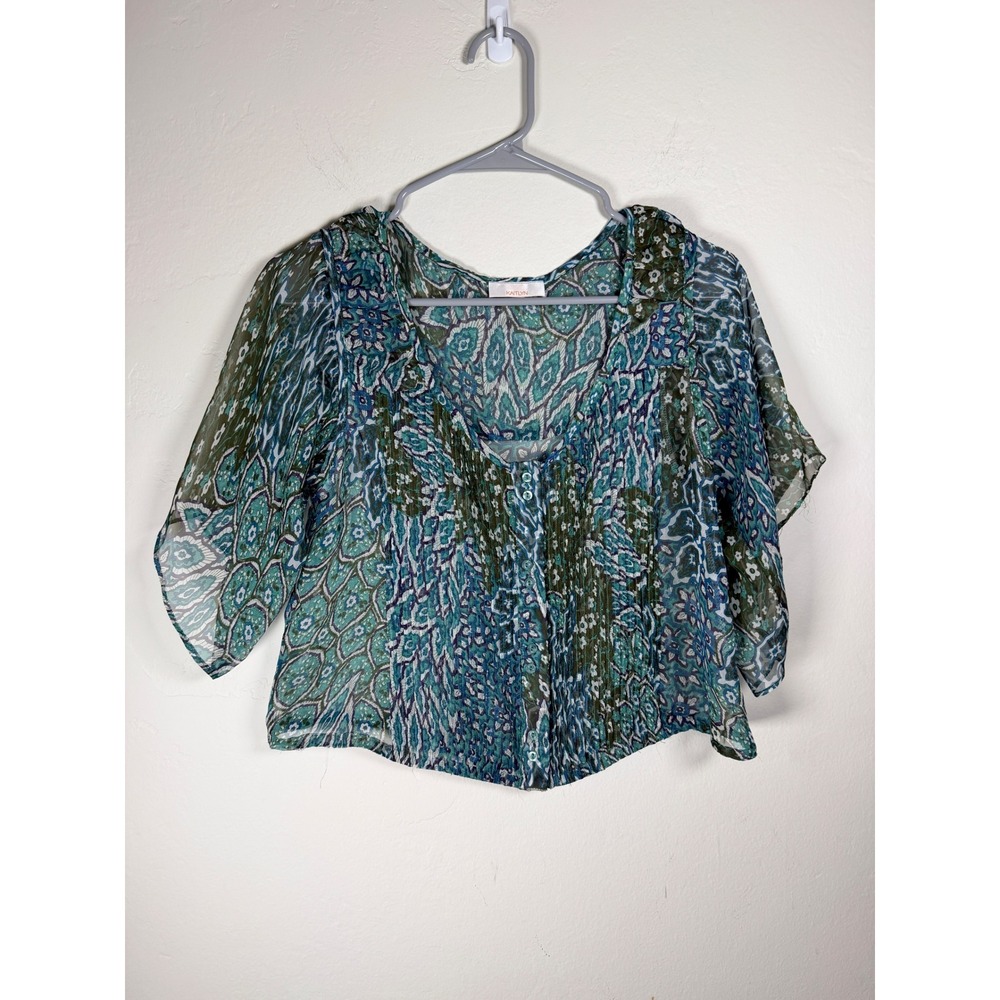 Blue Green Abstract Print Sheer Kimono Style Blouse Top